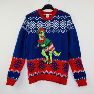 Holiday Classics Men's Medium Ugly Christmas Sweater Blue Red T-Rex Elf NWT
